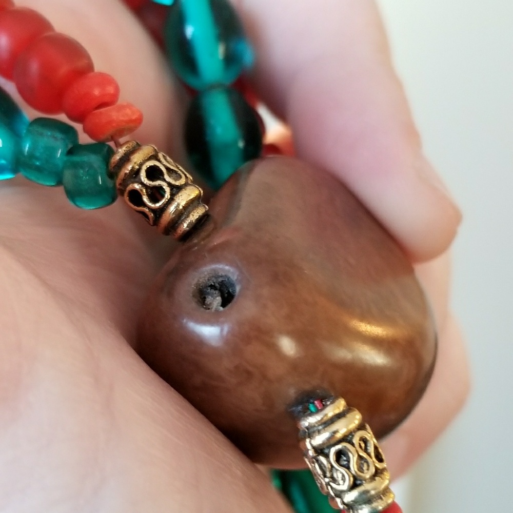 Relisted - Boho Nut Bead necklace teal orange statement - Picture 7 of 8